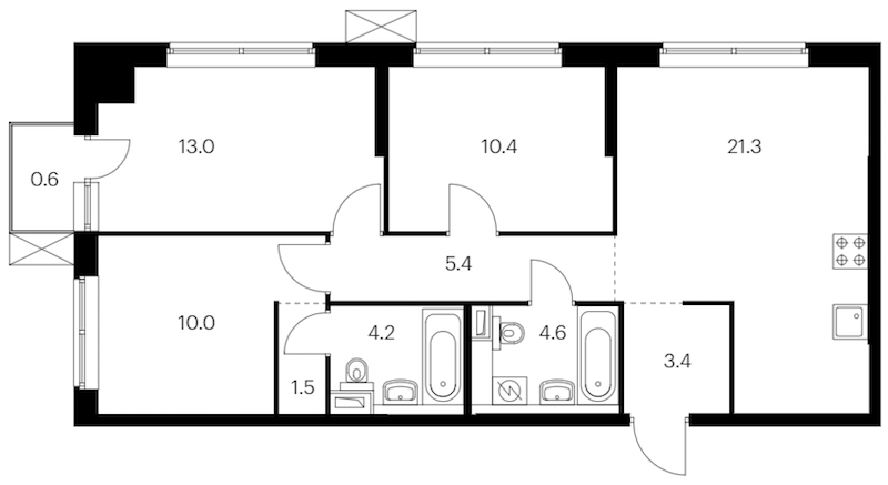 3-комнатная квартира 74.4 м², 9/12 эт., ЖК «Шкиперский 19»